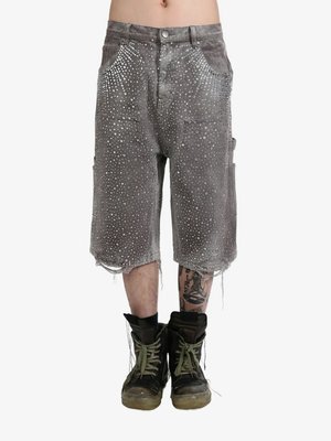 Crystal-embellished washed-denim shorts