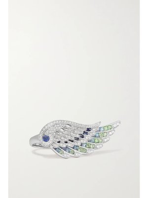 Кольцо Wings Embrace Peacock из 18-каратного белого золота с разноцветными камнями