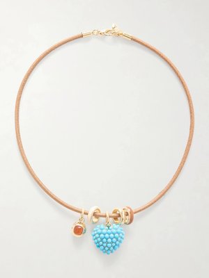 Ожерелье ROXANNE ASSOULIN The Leather Stone Slider из позолоченного металла, бирюзы, эмали и кожи