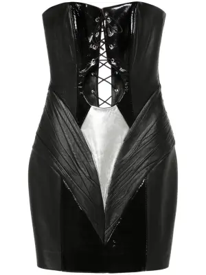 Кожаное платье мини со шнуровкой