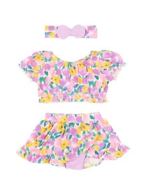 Комплект из трёх предметов: шорты с цветочным принтом и рюшами