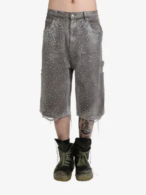 Crystal-embellished washed-denim shorts