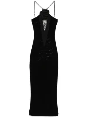 Бархатное платье миди с цветочной аппликацией