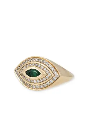 Кольцо Halo Eye из желтого золота с бриллиантами и изумрудом