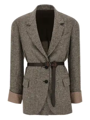 Блейзер с поясом и узором в елочку