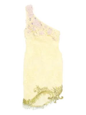 Мини-платье на одно плечо с цветочными украшениями