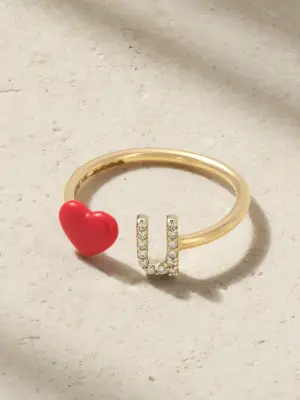 Кольцо "Love U" из 14-каратного золота с бриллиантом и эмалью