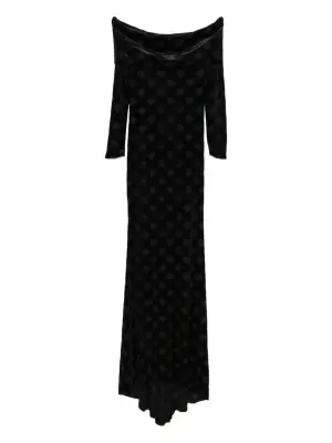 Платье в пол с вырезом Бардо и ромбовидным узором