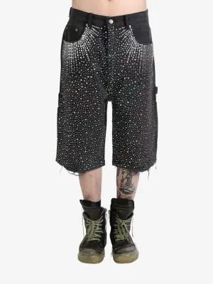 Crystal-embellished washed-denim shorts