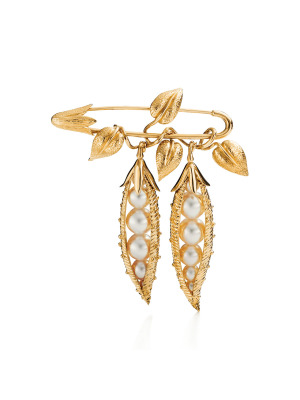 Брошь в виде стручка гороха из желтого золота с культивированными жемчугами