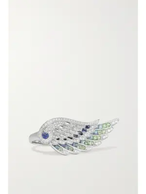 Кольцо Wings Embrace Peacock из 18-каратного белого золота с разноцветными камнями