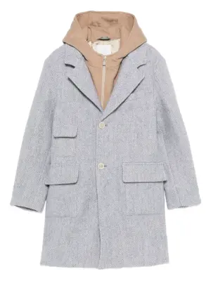 Шерстяное пальто с капюшоном и узором в елочку